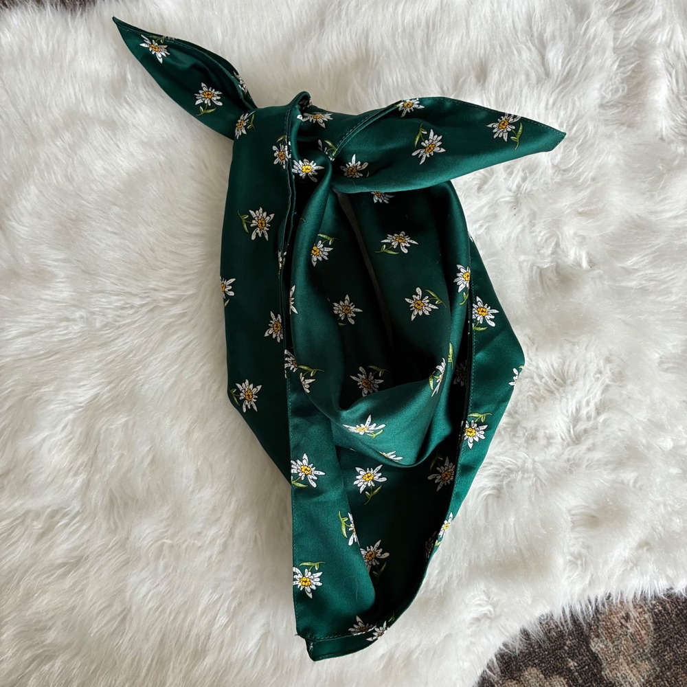 Green Floral Daisy Print Satin Square Neck Scarf Made in Italy 22 Inch